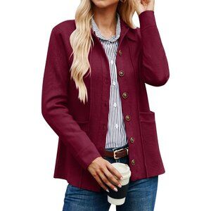 Women Knit Red Button Down  Blazer Sweater Jacket Long Sleeve Pockets Casual